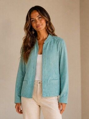 BohoChic Turquoise Suede Leather Women's Jacket Blazer - Vintage Indie Coastal